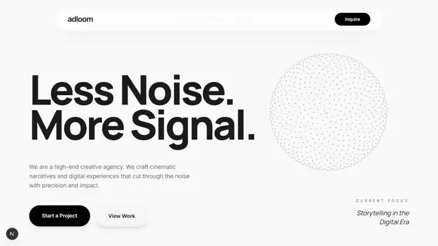 Original Adloom desktop website with bold monochrome typography and an interactive particle sphere