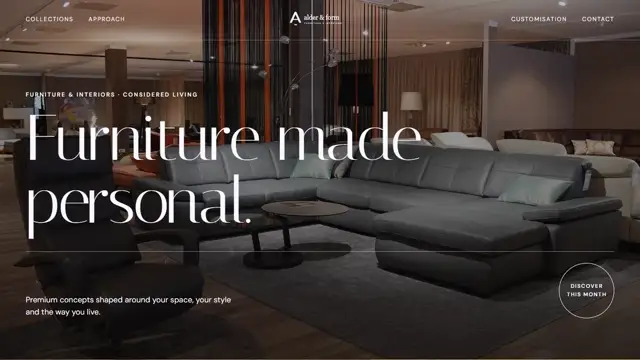 Alder & Form desktop furniture website with editorial typography and warm interiors