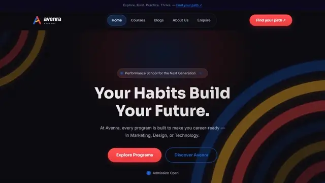 Avenra Academy desktop website with a dark hero, colourful arcs and program navigation
