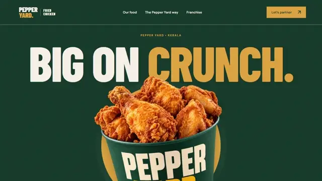 Pepper Yard desktop website with a branded chicken bucket, forest green hero and mustard typography