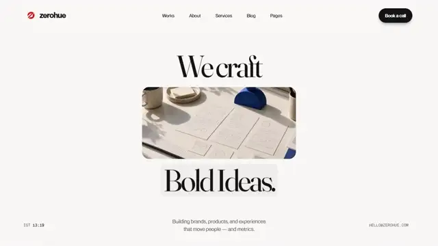 Zerohue desktop website with expressive typography and an animated agency showcase